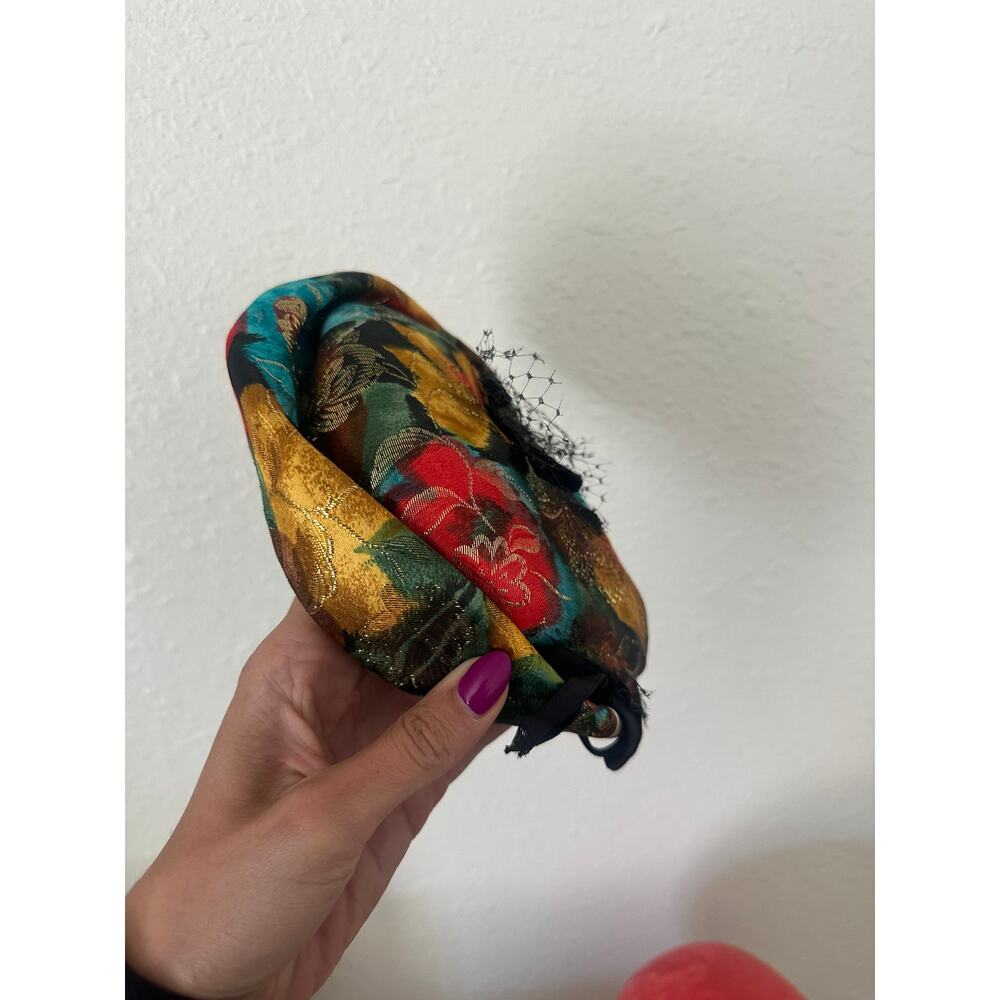 Valerie Modes Vintage Floral Jacquard Cap with Black Floral Netting Details - Picture 5 of 5